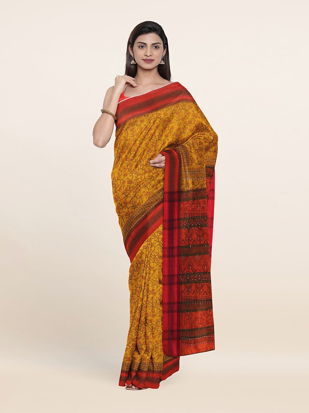 

Pothys Mustard & Red Floral Saree
