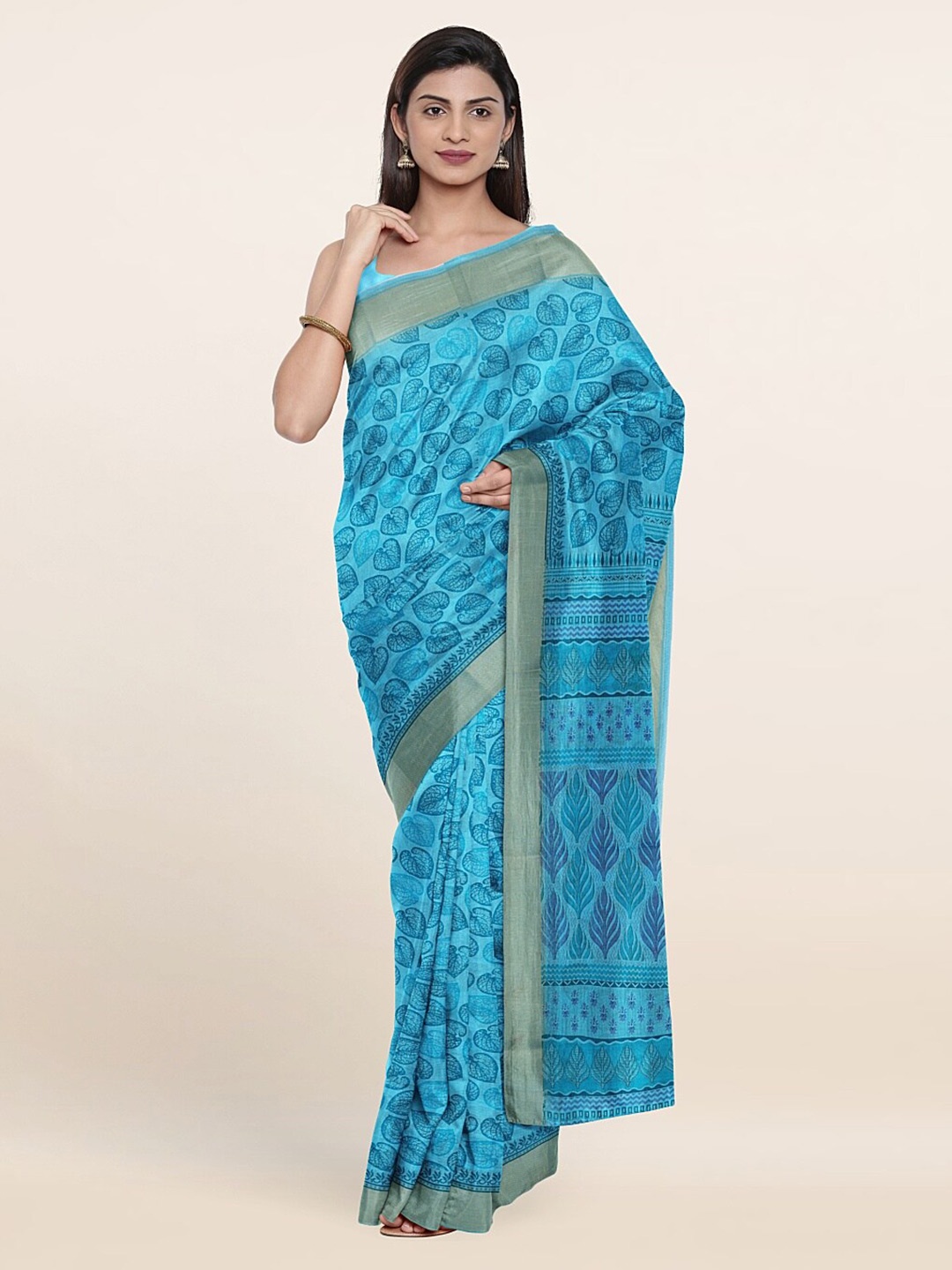 

Pothys Blue & Gold-Toned Floral Zari Saree