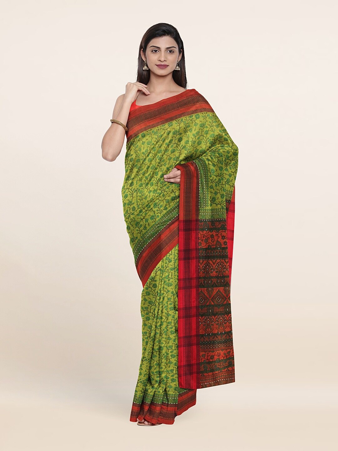 

Pothys Green & Red Ethnic Motifs Saree