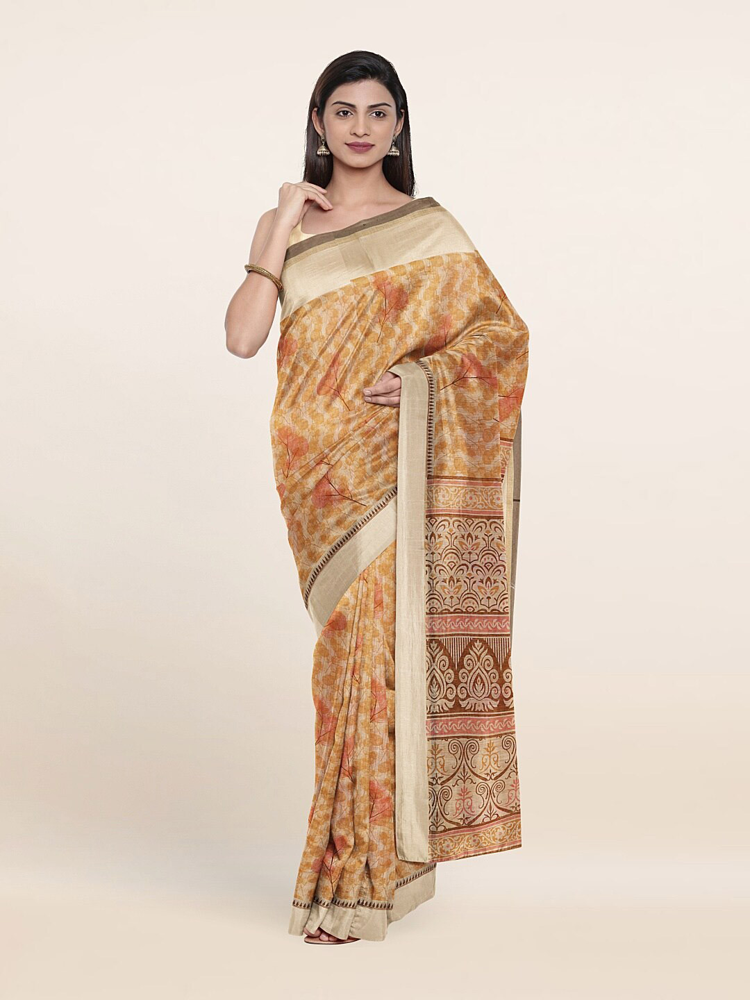 

Pothys Cream-Coloured & Red Floral Zari Saree