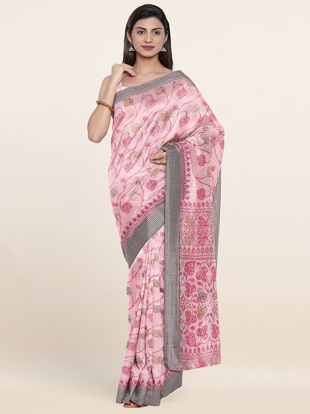 

Pothys Pink & Silver-Toned Floral Zari Saree