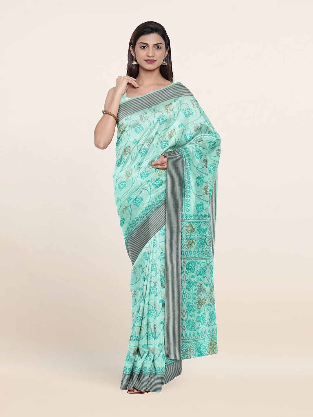 

Pothys Green & Grey Floral Saree