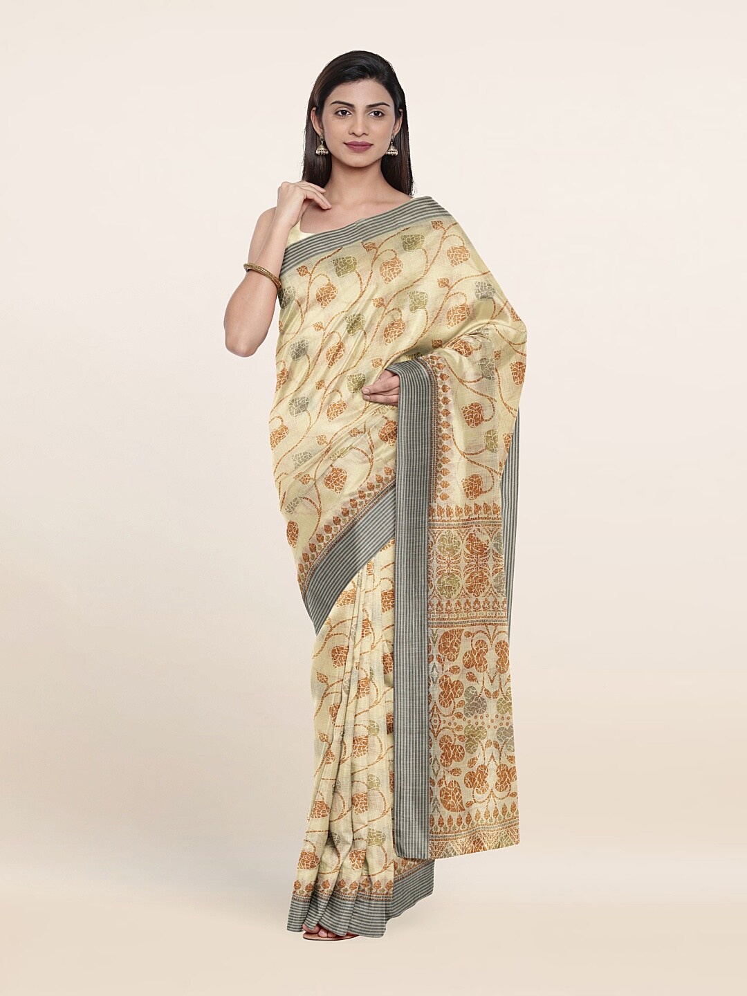 

Pothys Yellow & Silver-Toned Floral Zari Saree