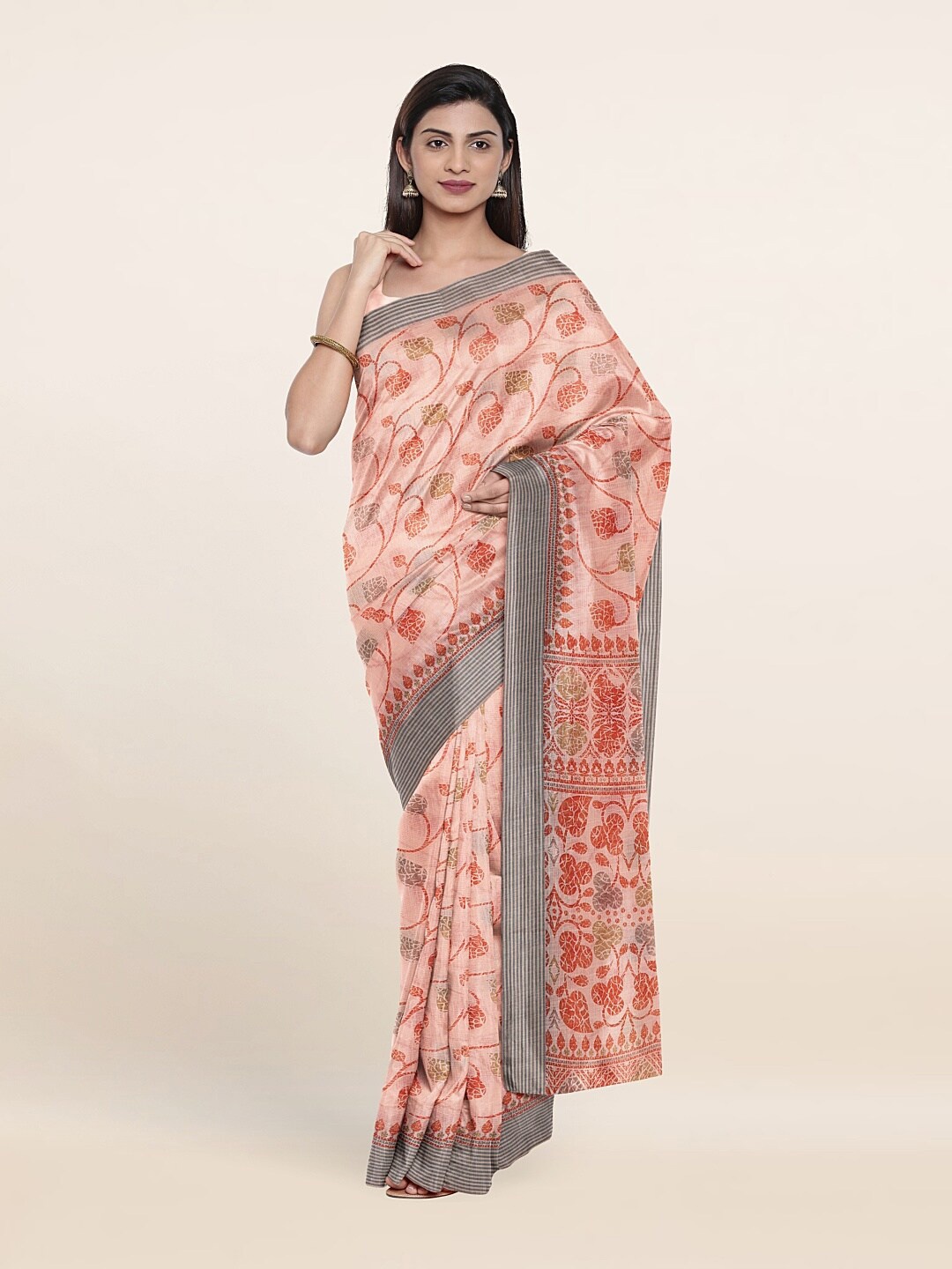 

Pothys Peach-Coloured & Grey Floral Saree