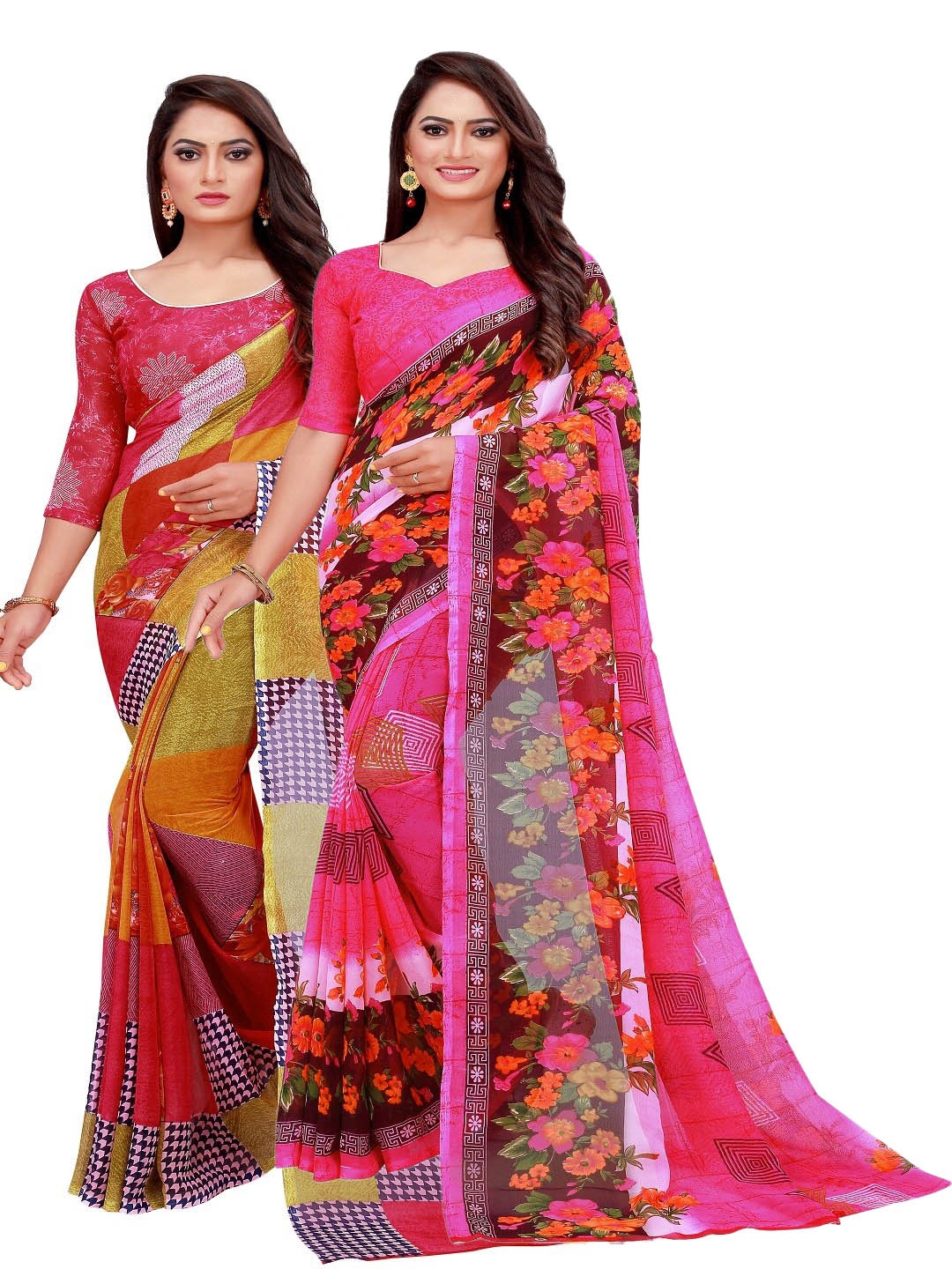 

SAADHVI Red & Pink Set of 2 Pure Georgette Saree