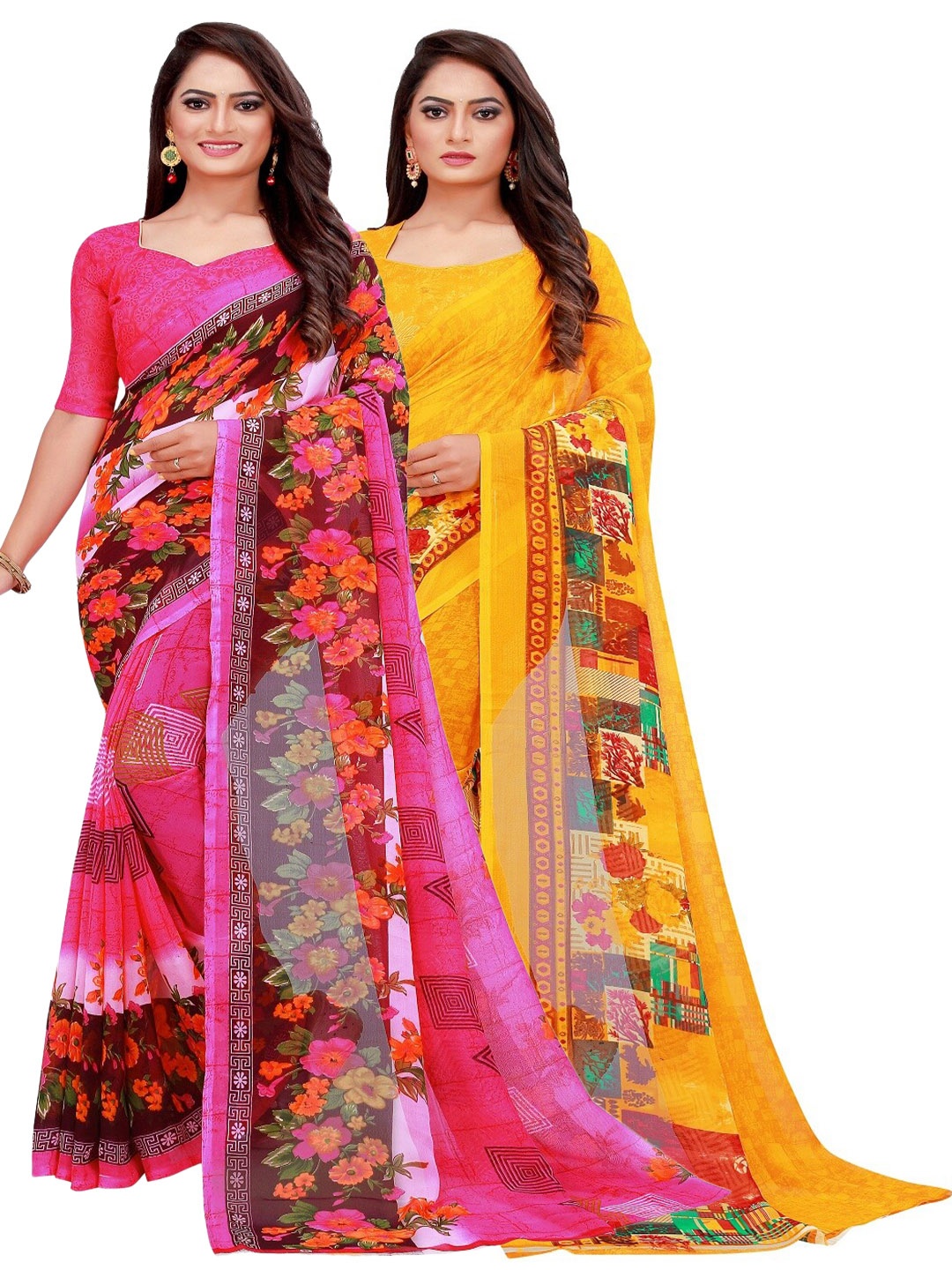 

SAADHVI Set of 2 Pink & Yellow Floral Pure Georgette Saree