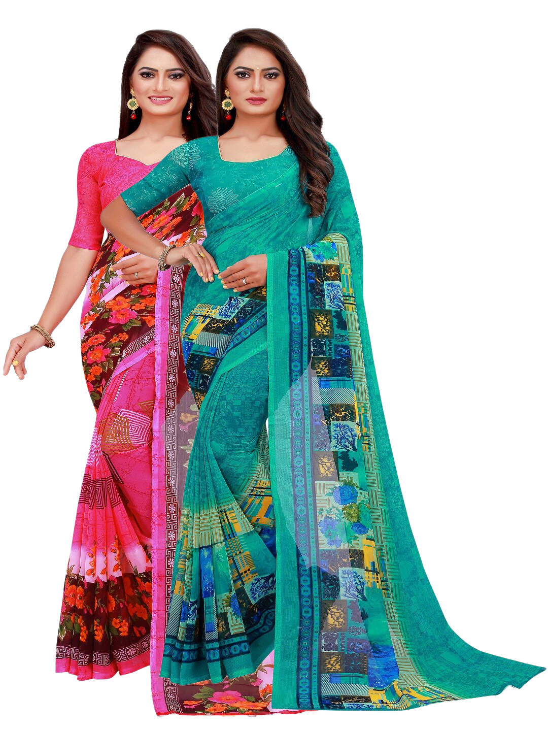 

SAADHVI Pack of 2 Pink and Maroon Printed Saree