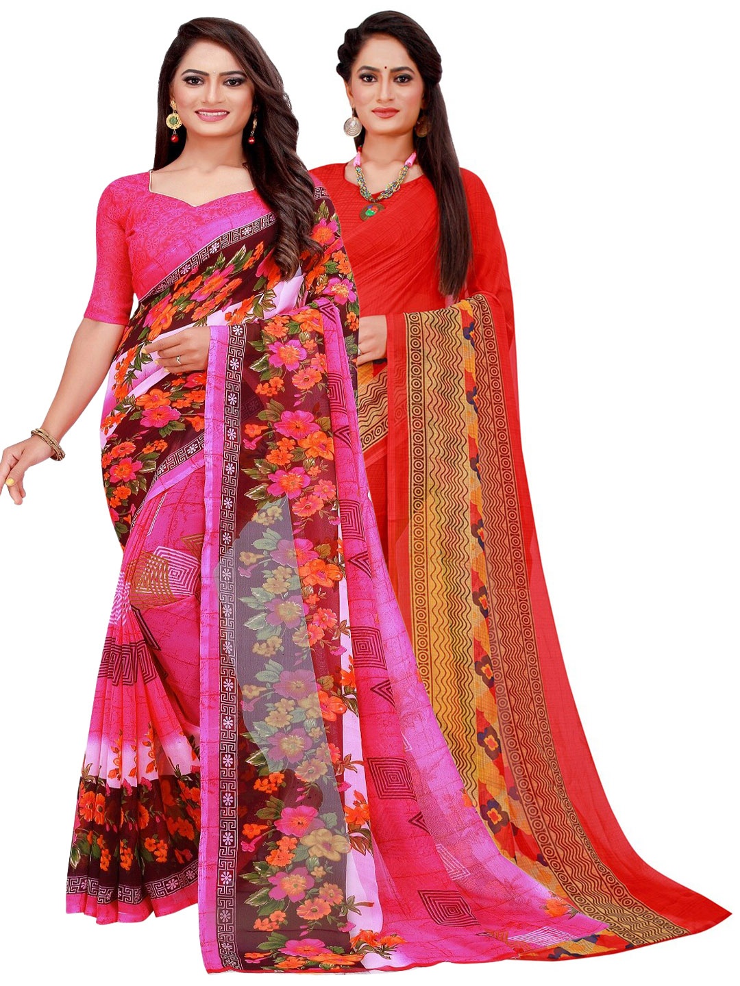 

SAADHVI Red & Pink Floral Set of 2 Pure Georgette Saree