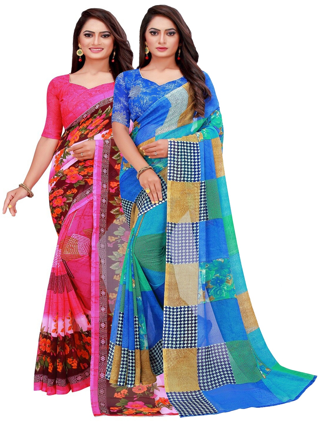 

SAADHVI Pack of 2 Blue & Black Printed Saree
