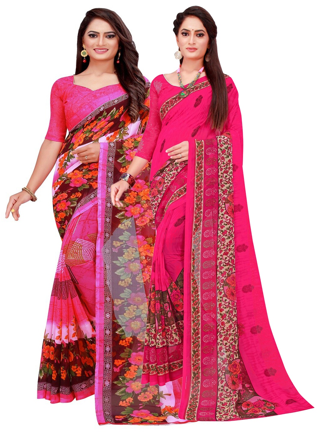 

SAADHVI Pack of 2 Pink & Maroon Floral Printed Saree