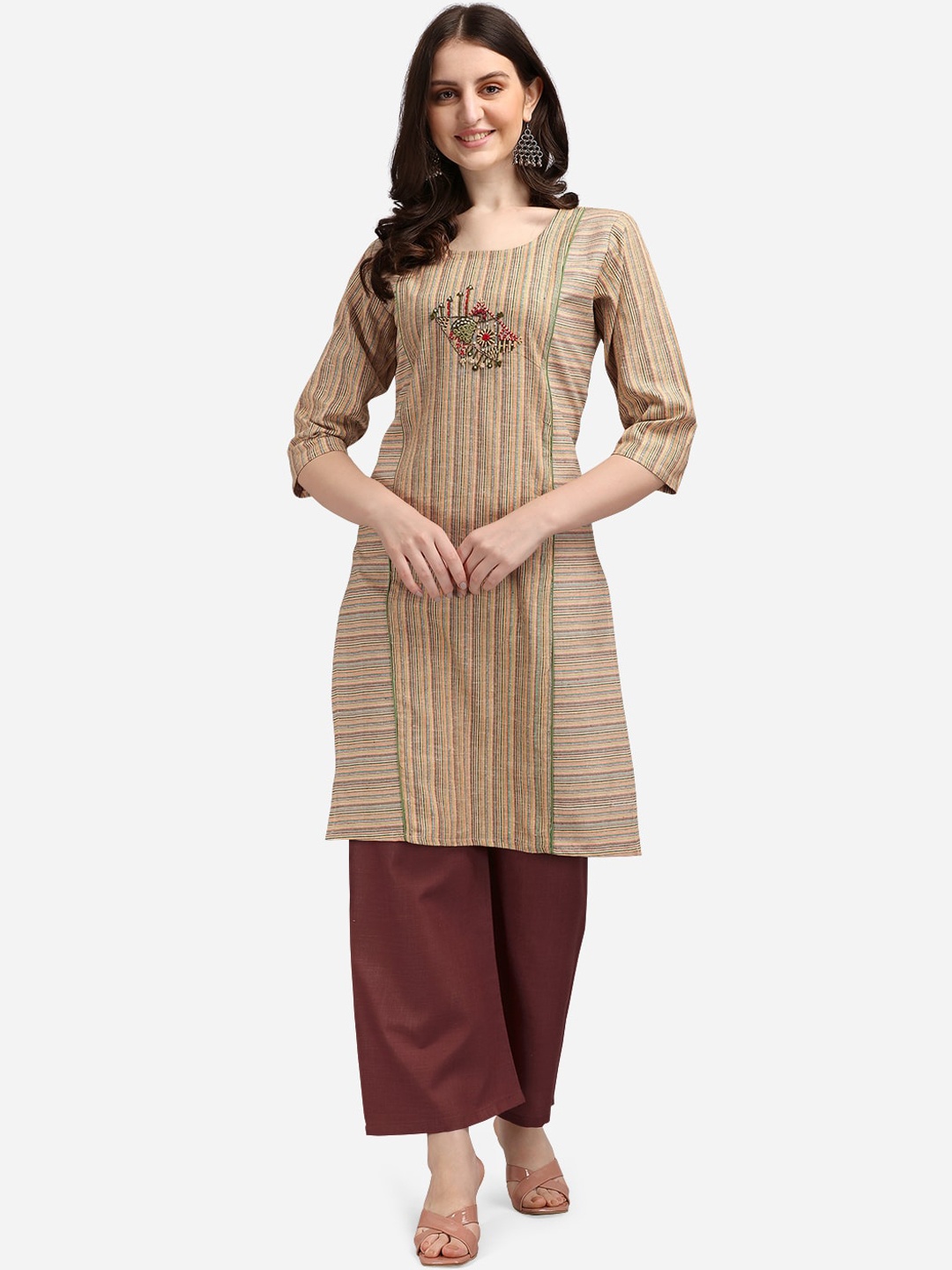 

KALINI Women Brown Striped Thread Work Kurta with Palazzos