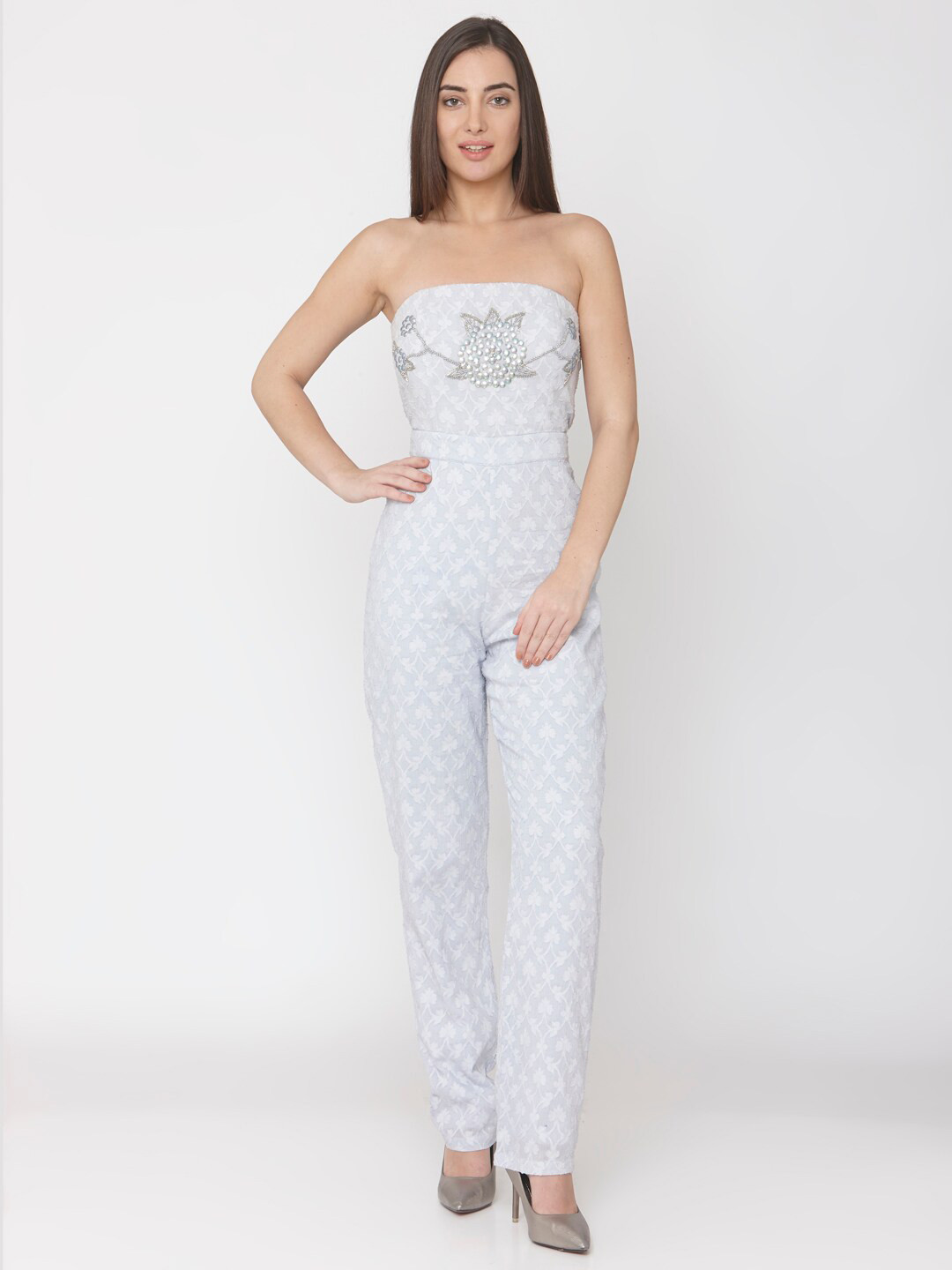 

aaliya White & Grey Strapless Printed Basic Cotton Jumpsuit with Embellishment