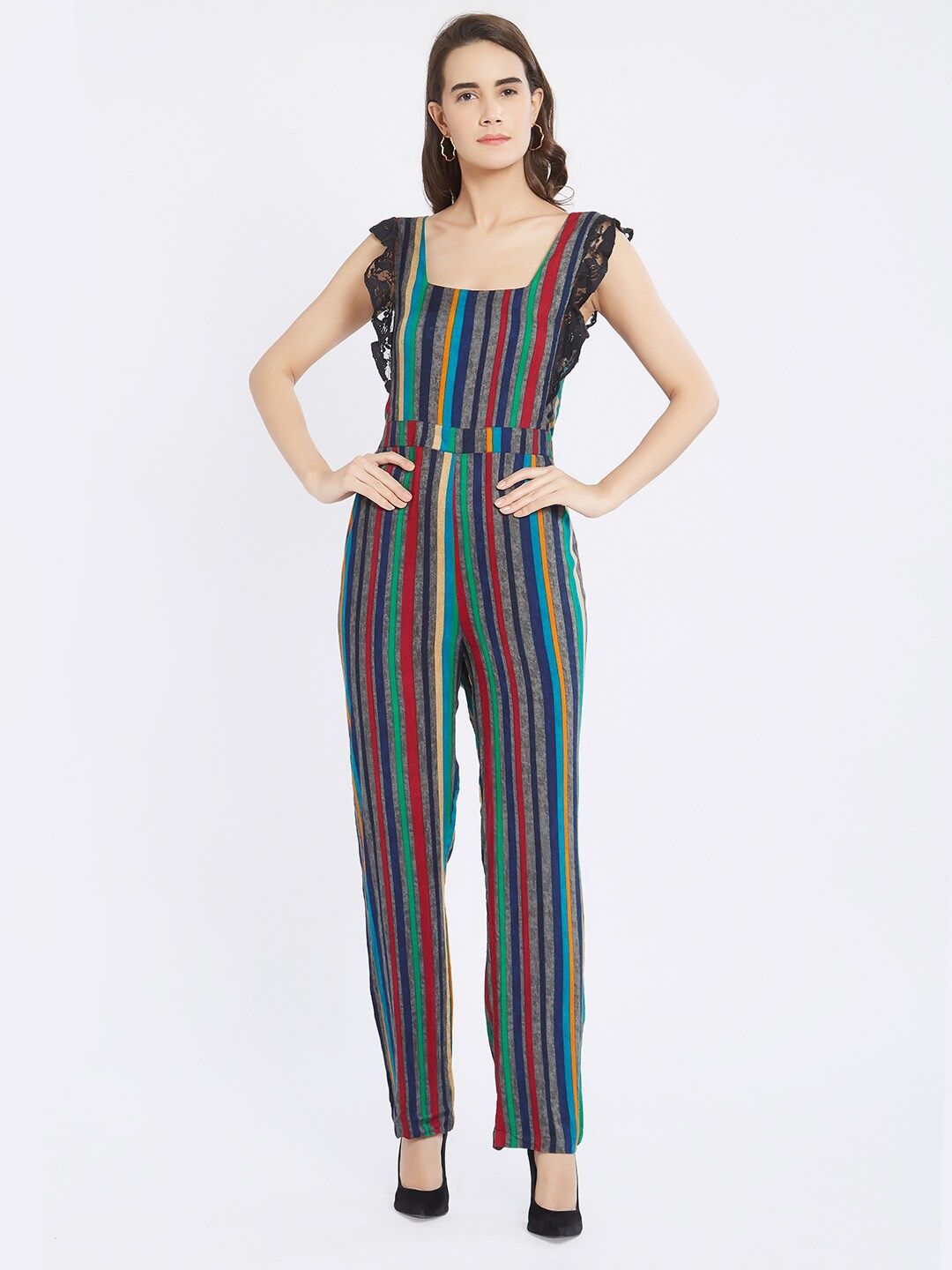 

aaliya Women Multicolored Striped Square Neck Cotton Basic Jumpsuit with Lace Inserts, Multi