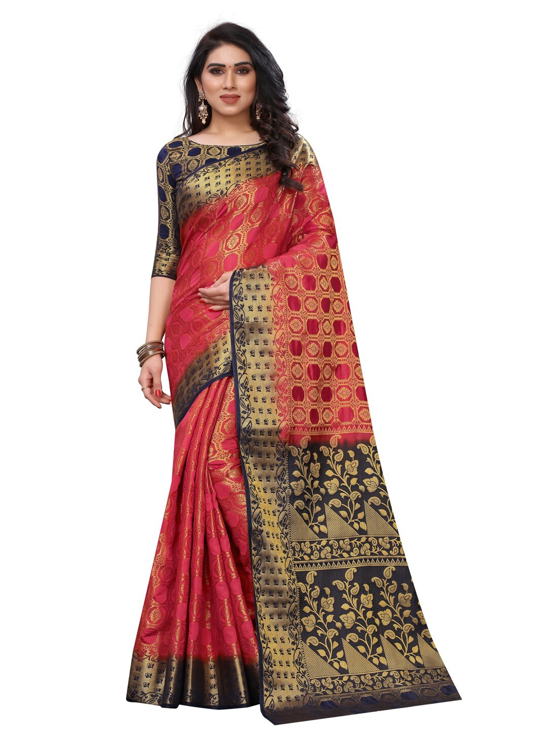 

PERFECT WEAR Red & Navy Blue Woven Design Zari Silk Cotton Banarasi Saree