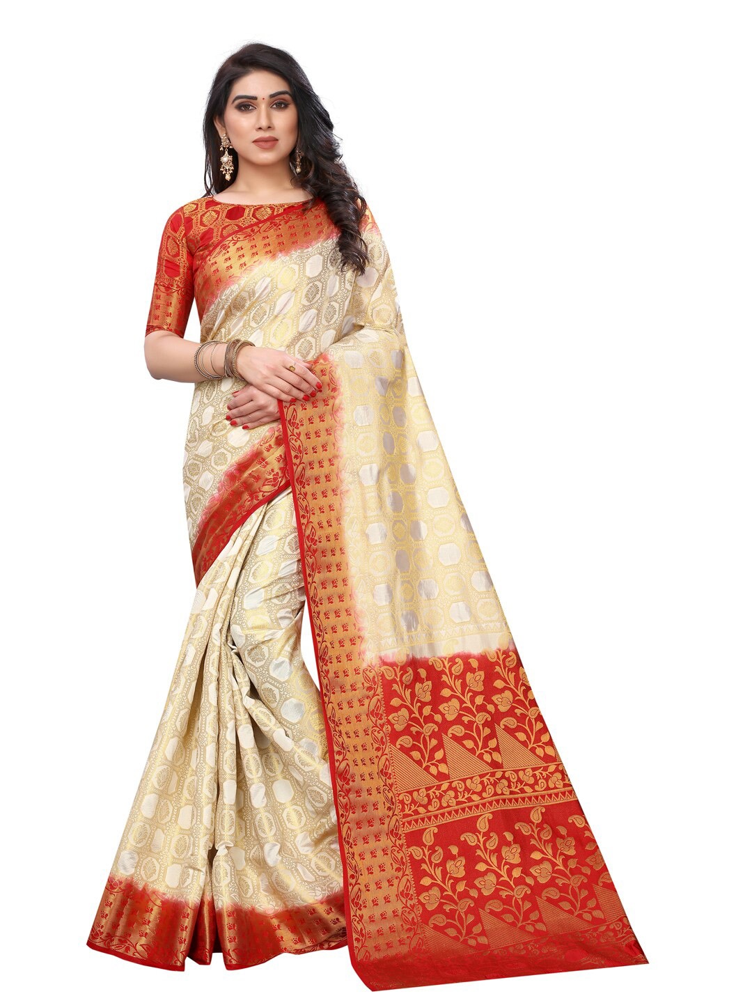 

PERFECT WEAR Red & Cream-Coloured Woven Design Silk Cotton Saree