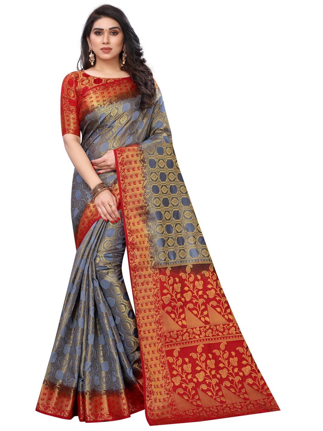 

PERFECT WEAR Grey & Red Ethnic Motifs Zari Silk Cotton Banarasi Saree