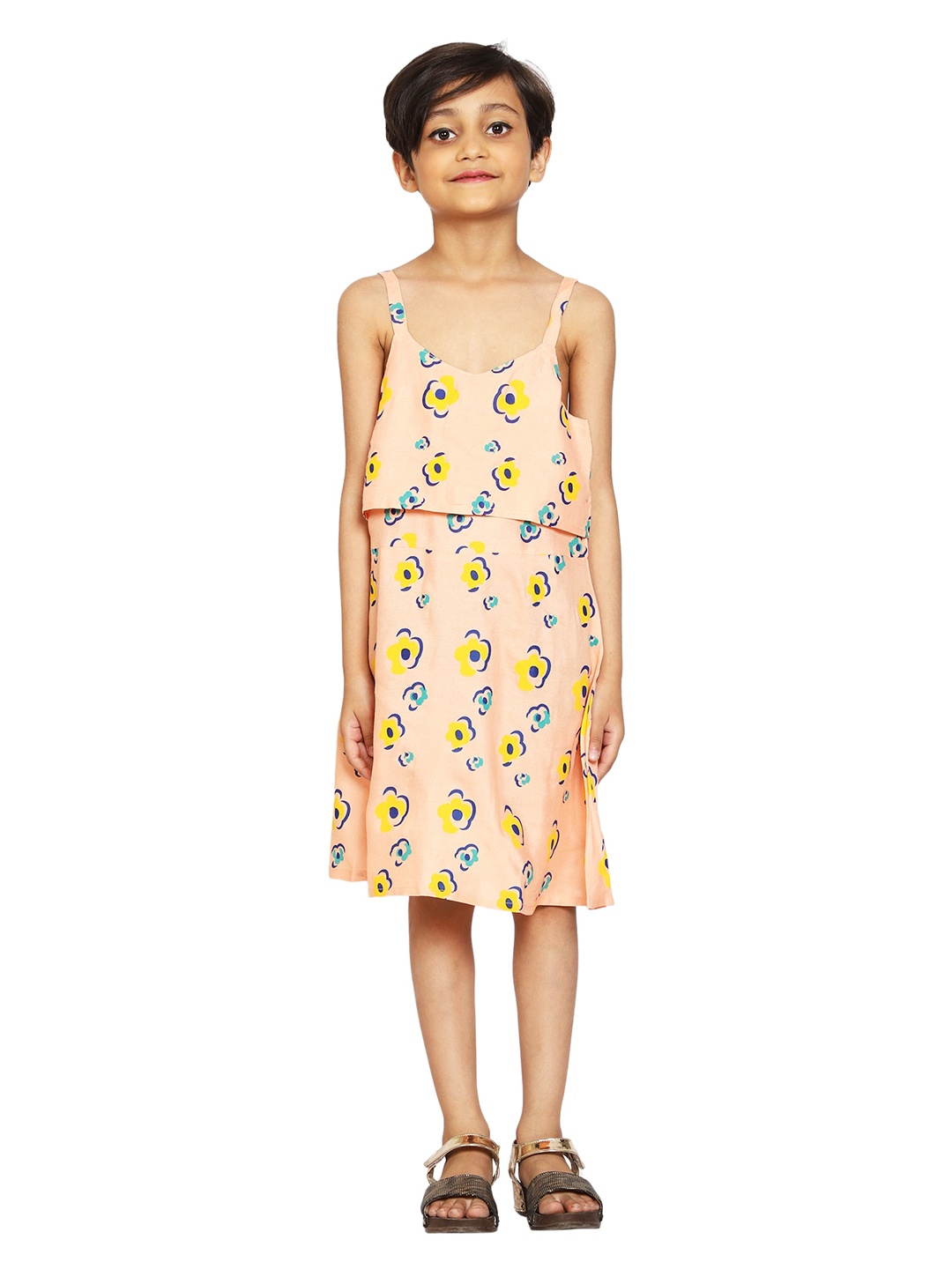

KiddoPanti Girl'sPeach-Coloured Floral A-Line Layered Dress, Peach