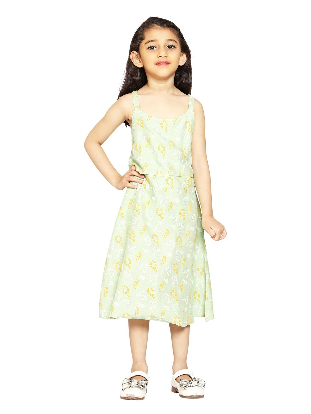 

KiddoPanti Girls Green Printed Layered Midi Dress