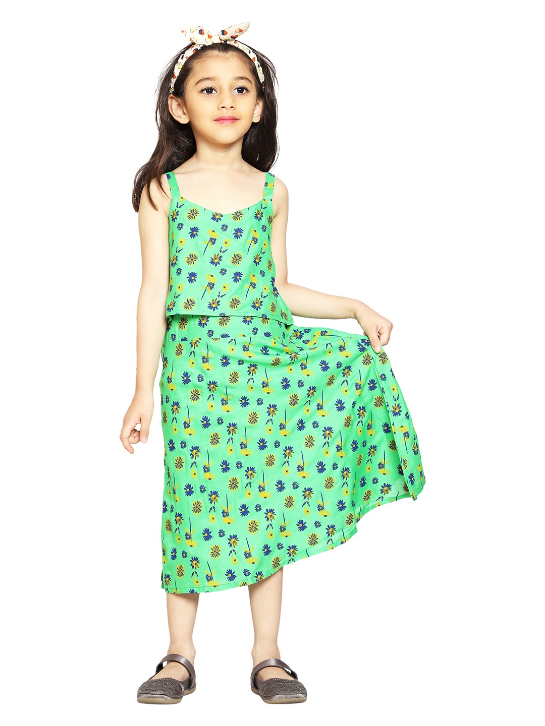 

KiddoPanti Girl's Green Floral Layered A-Line Dress