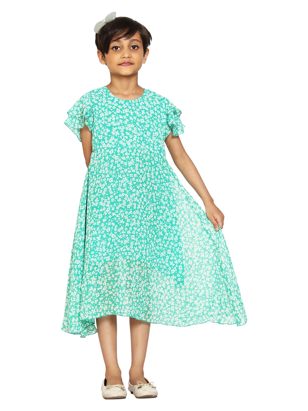 

KiddoPanti Girls Green Floral Print Georgette A-Line Midi Dress