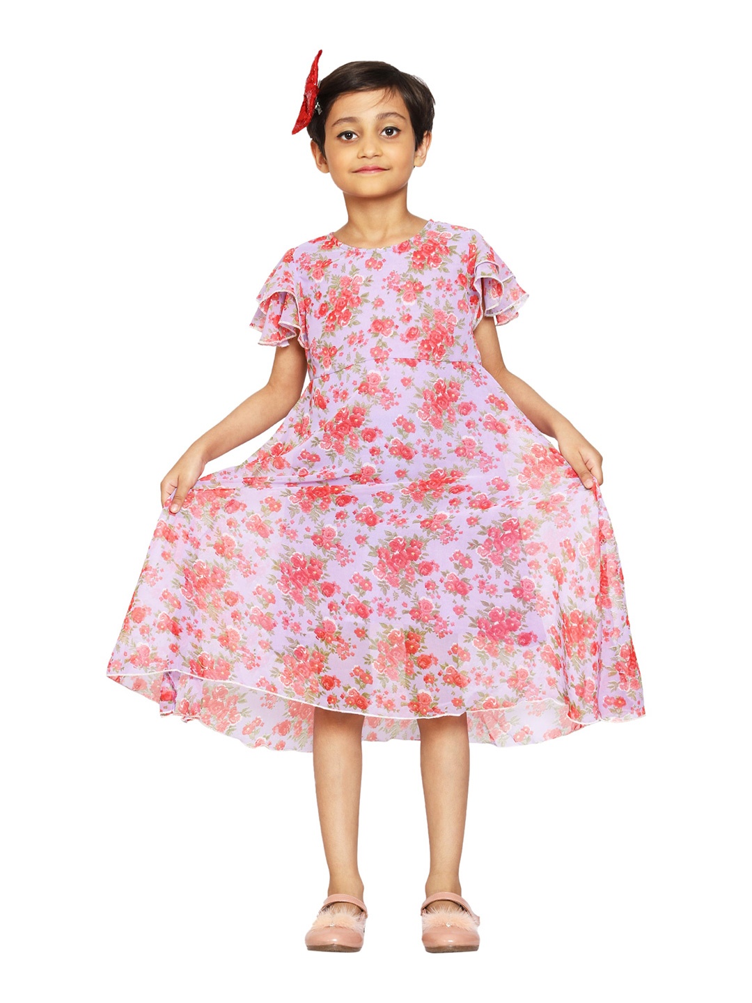 KiddoPanti Girl's Violet Floral Georgette Midi Dress