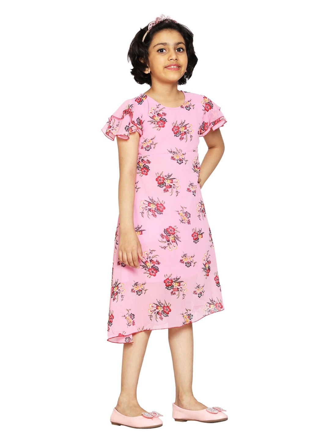 

KiddoPanti Girls Pink Floral Georgette A-Line Midi Dress