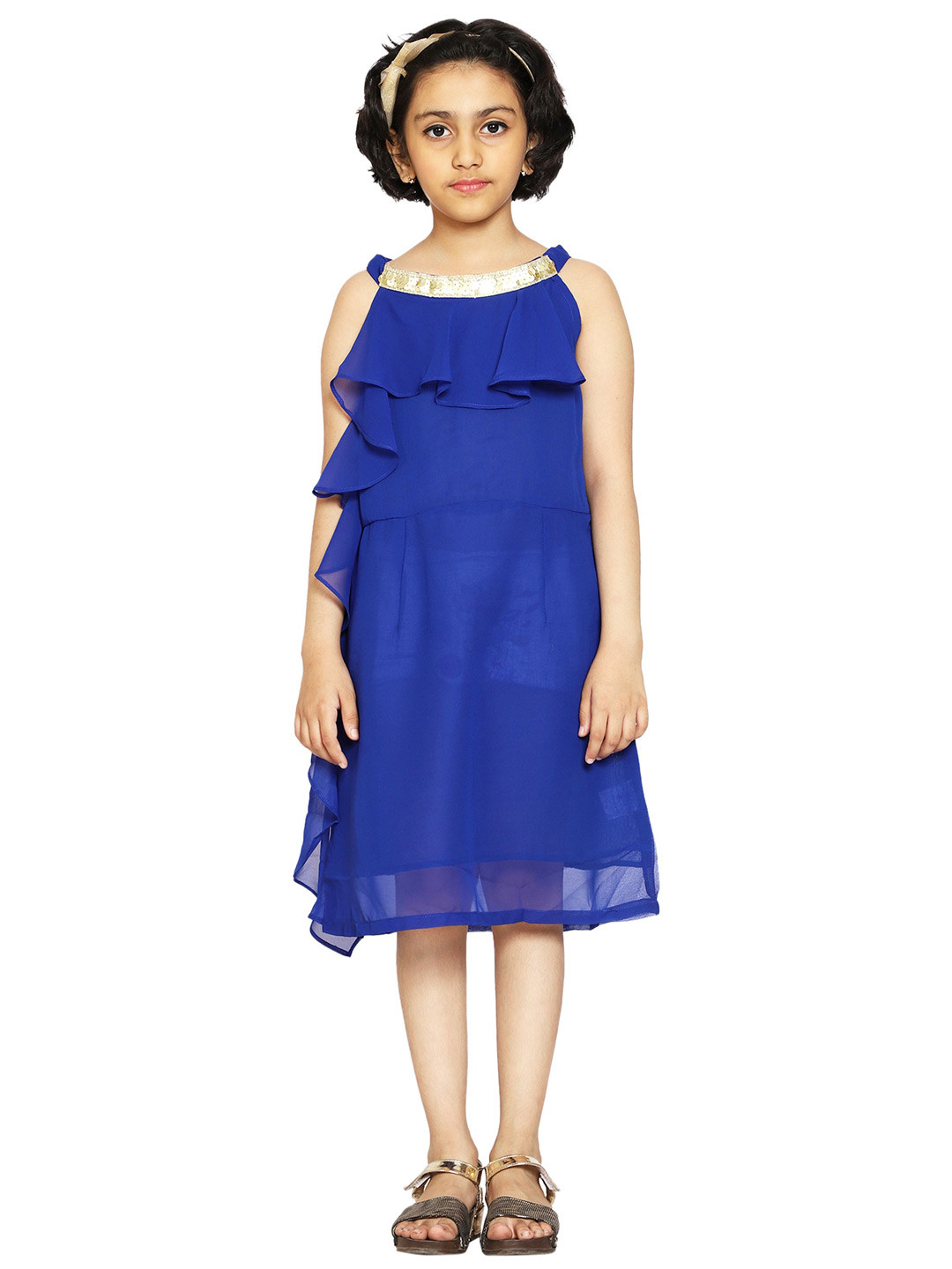 

KiddoPanti Girls Blue Solid Halter Neck Ruffle Dress