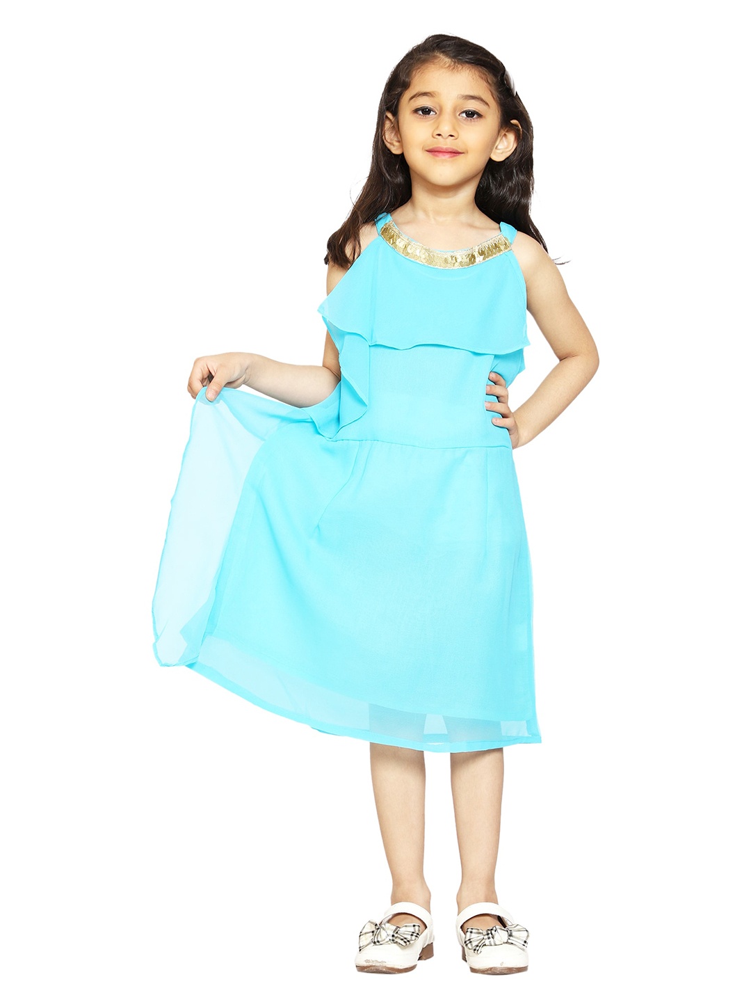 

KiddoPanti Girls Blue Solid Halter Neck Ruffle Dress
