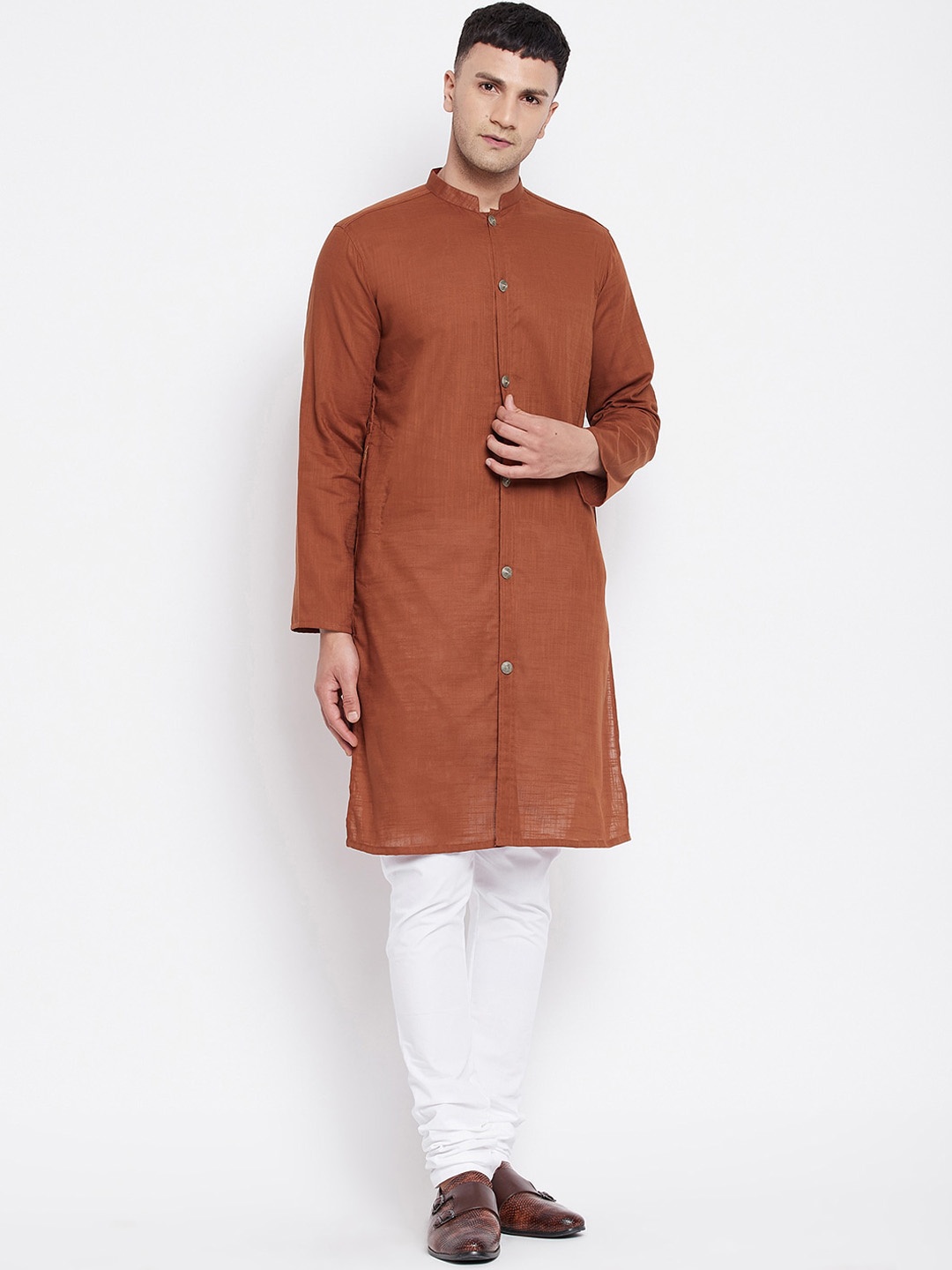 

even Men Brown Open Front Straight Kurta