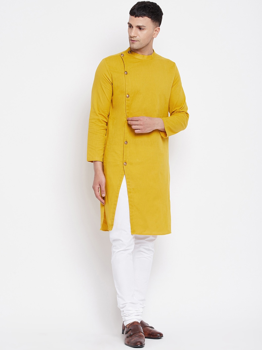 

even Men Yellow Solid Angrakha Kurta