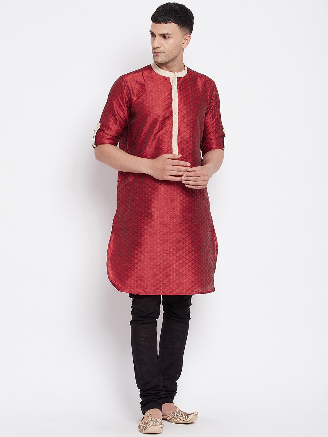 

even Men Red Ethnic Motifs Contrast Collar Kurta