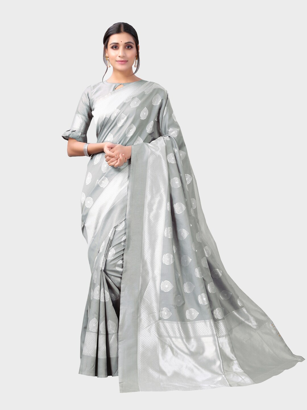 

Satrani Grey & Silver-Toned Woven Design Zari Banarasi Saree
