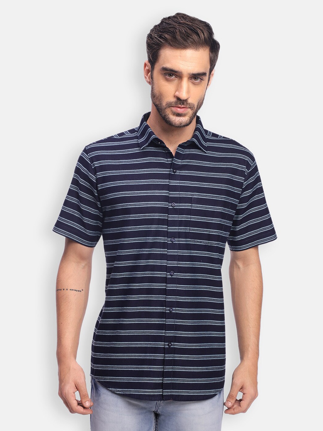 

Zeal Men Navy Blue Striped Casual Shirt