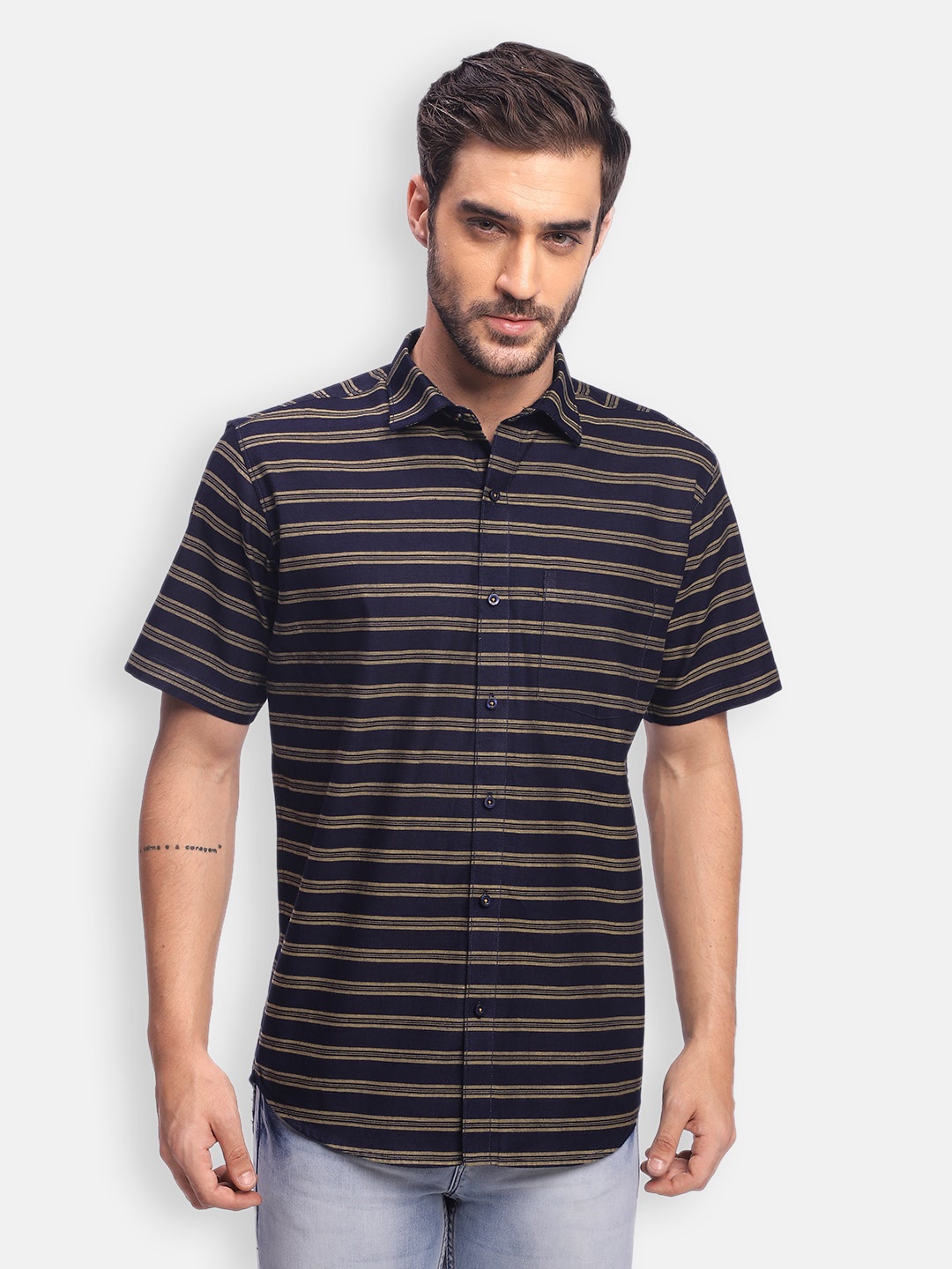 

Zeal Men Navy Blue And Yellow Spread Collar Horizontal Striped Casual Shirt