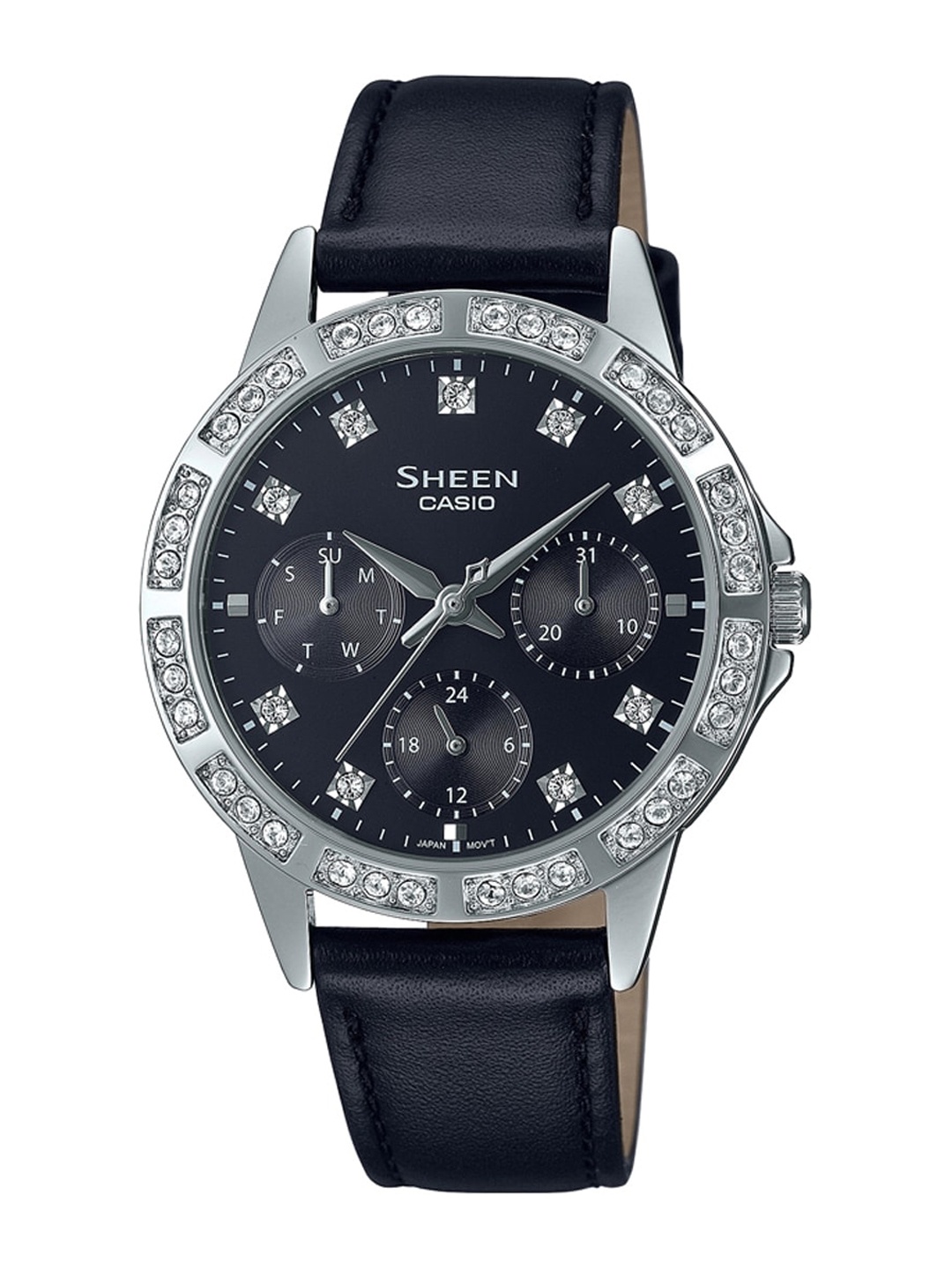 

CASIO Women Black Embellished Dial & Black Leather Straps Analogue Watch SH266