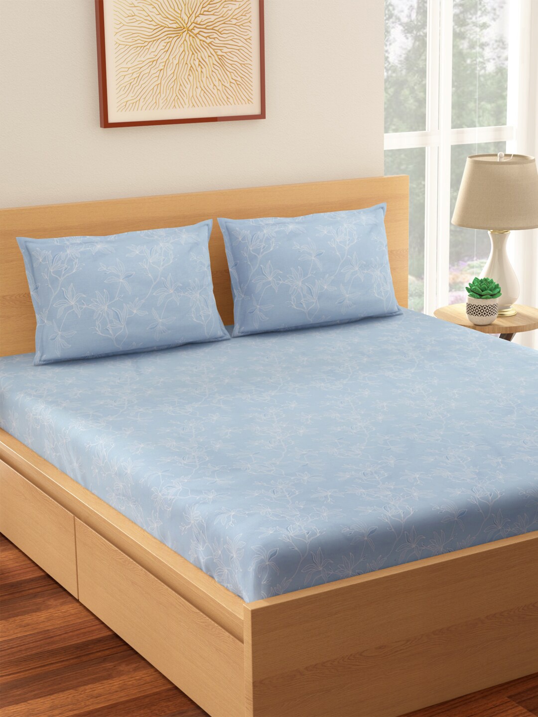 

Living scapes by Pantaloons Blue Pure Cotton 144 TC King Bedsheet with 2 Pillow Covers