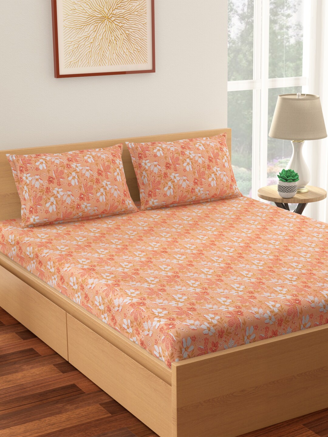 

Living scapes by Pantaloons Peach & White Pure Cotton 144 TC Queen Bedsheet 2 Pillow Cover