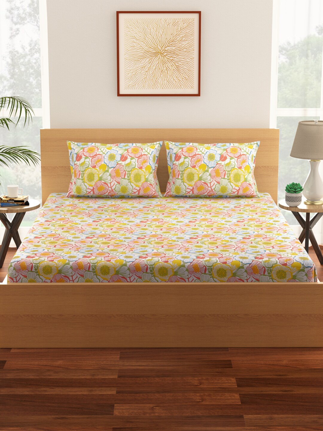 

Living scapes by Pantaloons Coral & Yellow Pure Cotton Queen Bedsheet 2 Pillow Covers