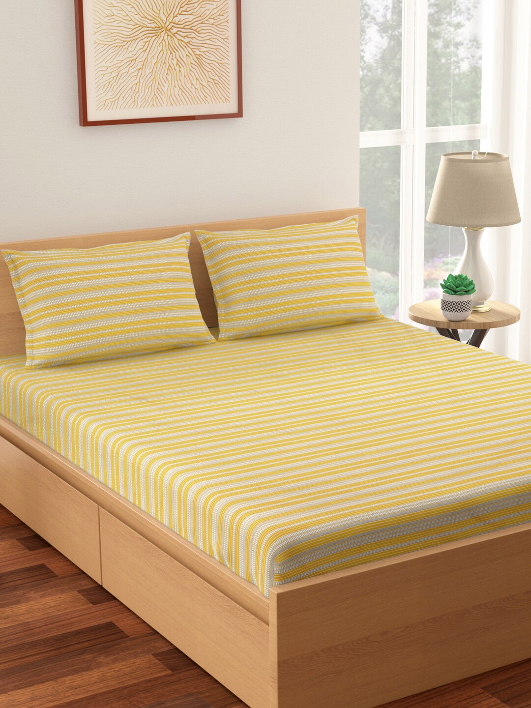 

Living scapes by Pantaloons Yellow & Cream Cotton 128 TC Queen Bedsheet 2 Pillow Covers