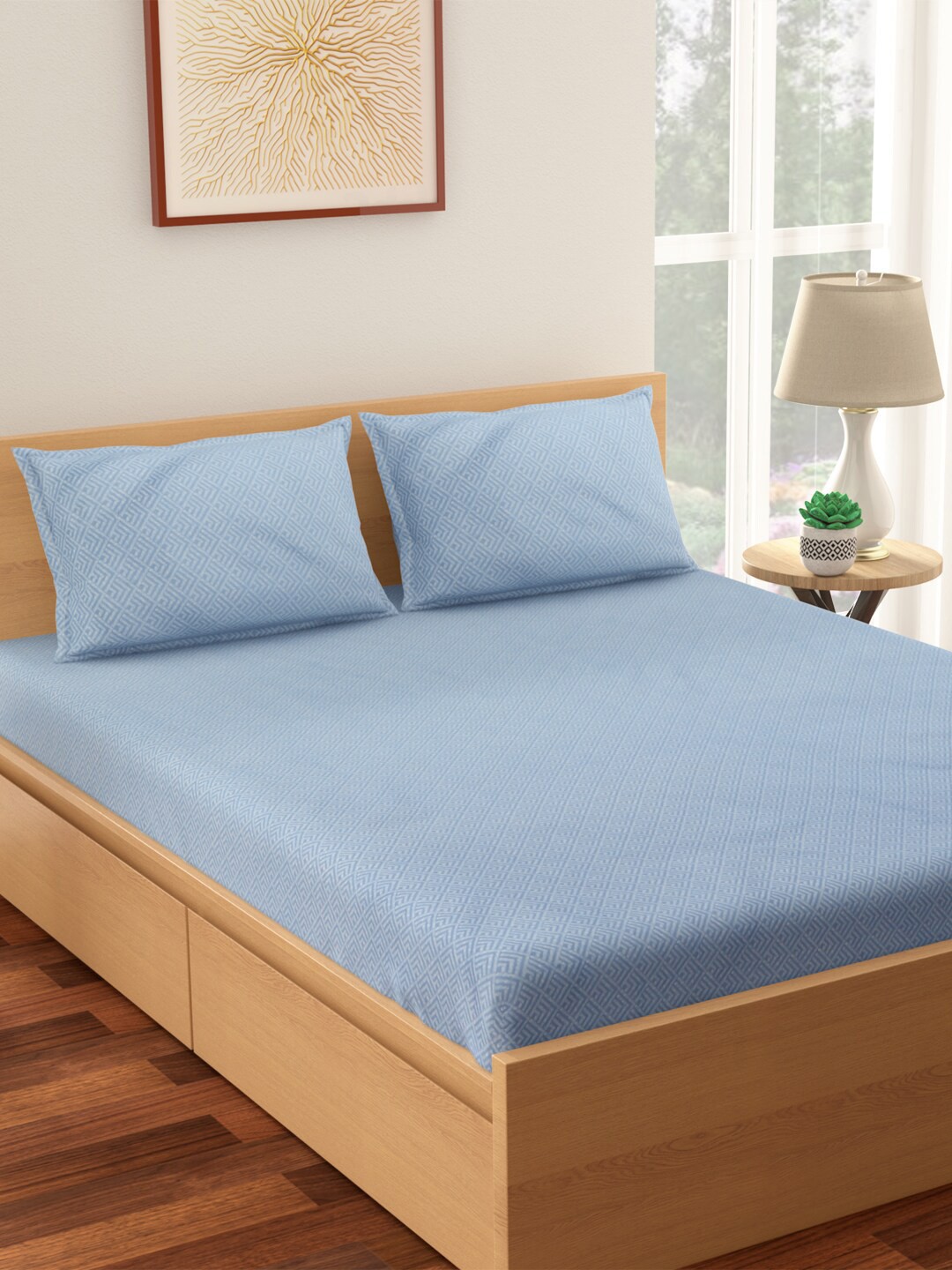 

Living scapes by Pantaloons Blue 128 TC Pure Cotton Queen Bedsheet with 2 Pillow Covers