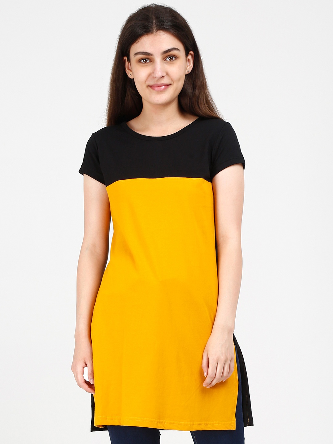 

Fleximaa Mustard Yellow & Black Colourblocked Pure Cotton Longline Top