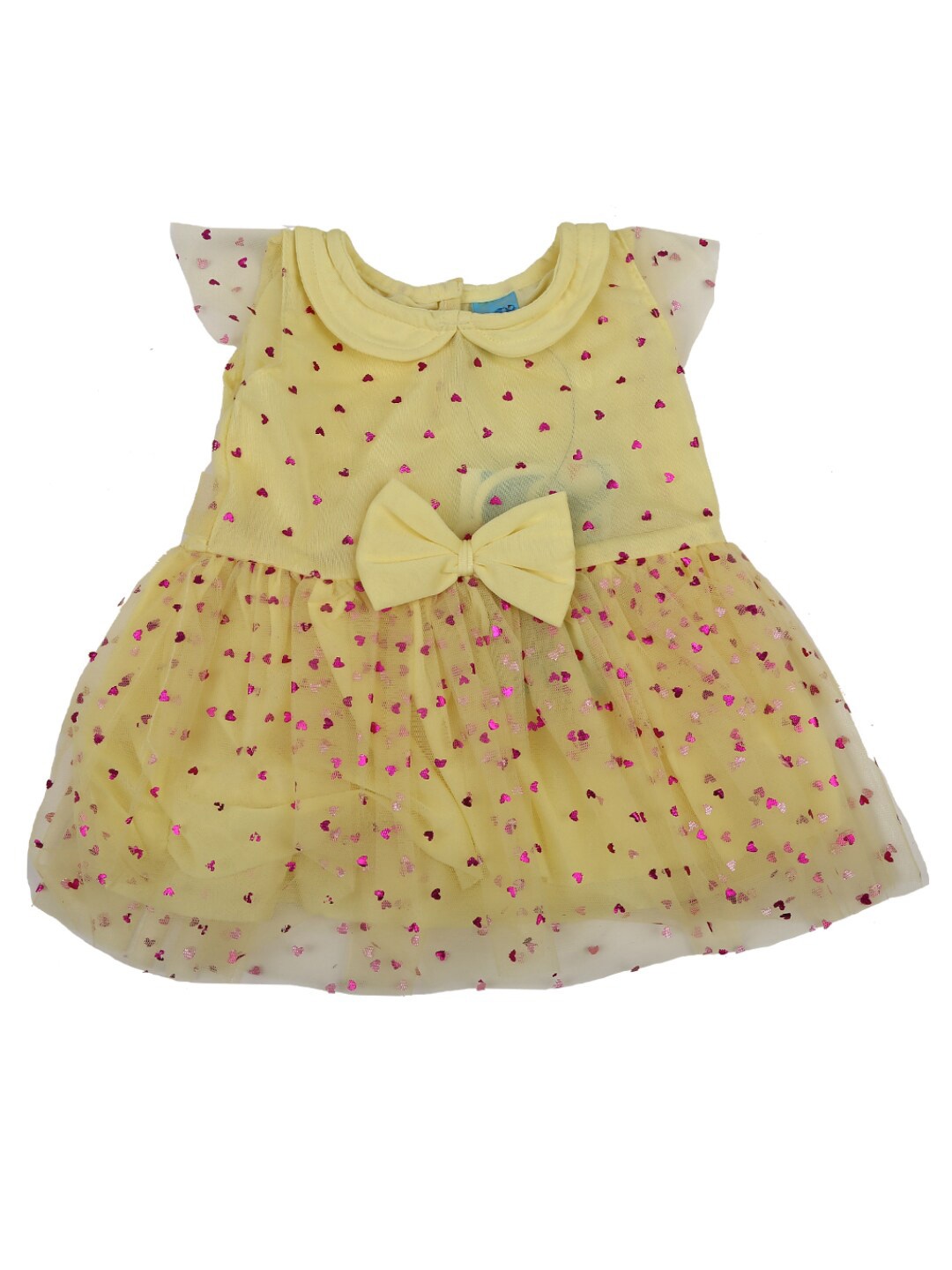 

V-Mart Girls Yellow & Pink Embellished Peter Pan Collar Cotton Fit & Flare Dress