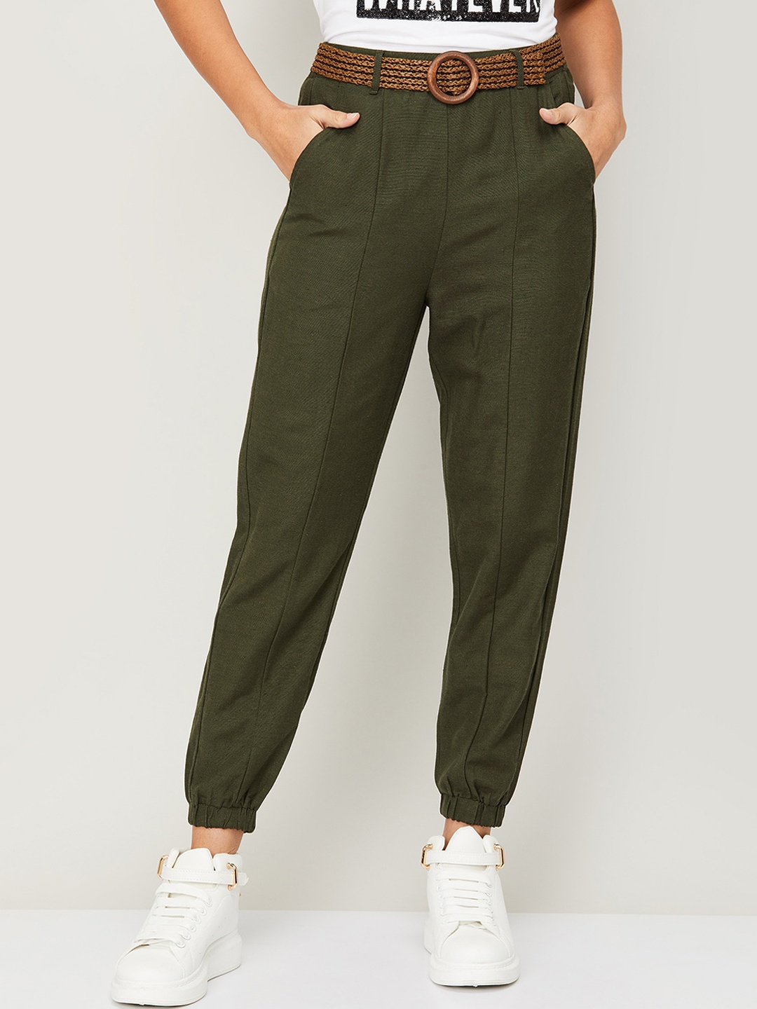 

CODE by Lifestyle Women Olive Green High-Rise Joggers Trousers