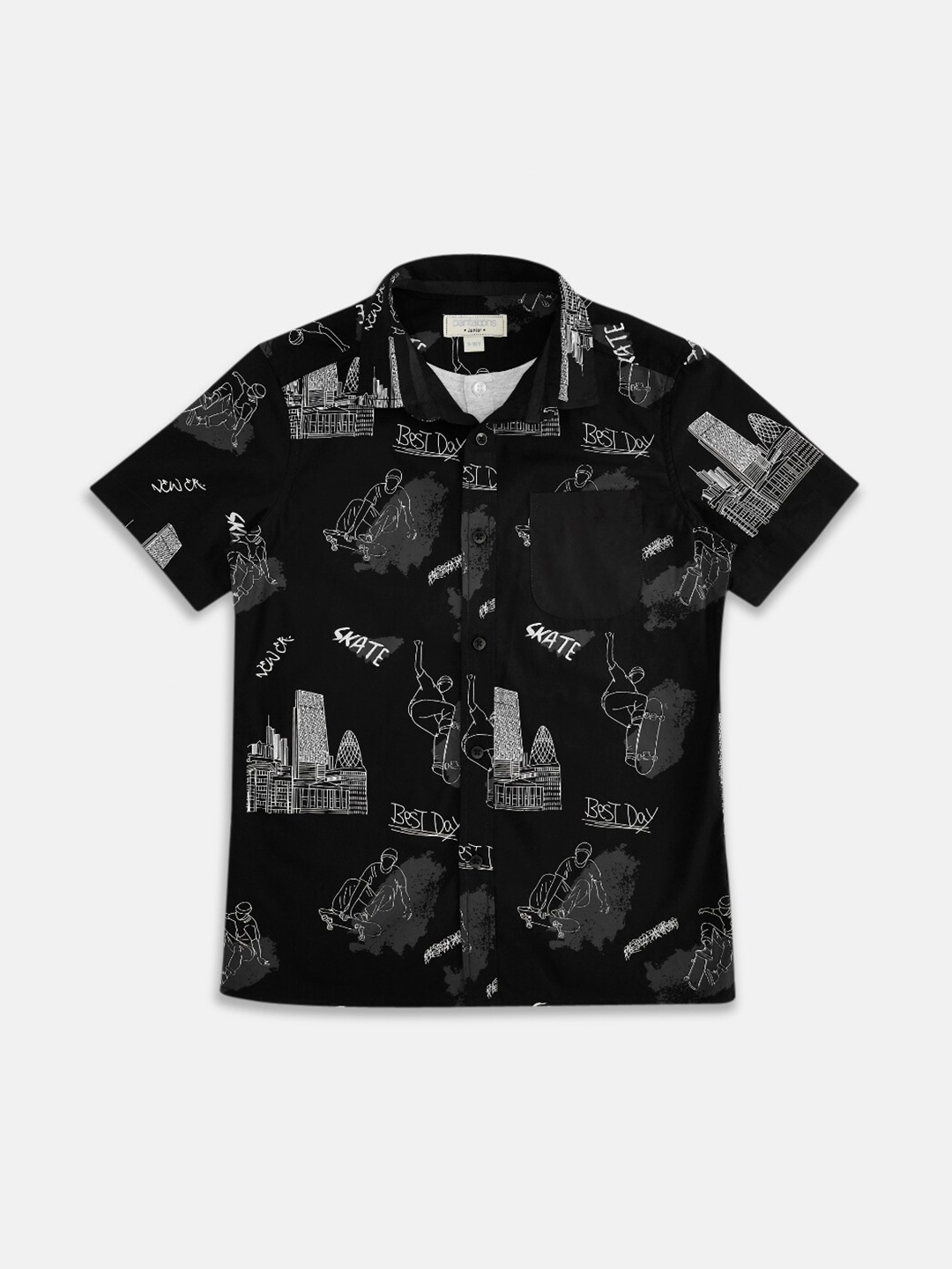 

Pantaloons Junior Boys Black Printed Casual Shirt