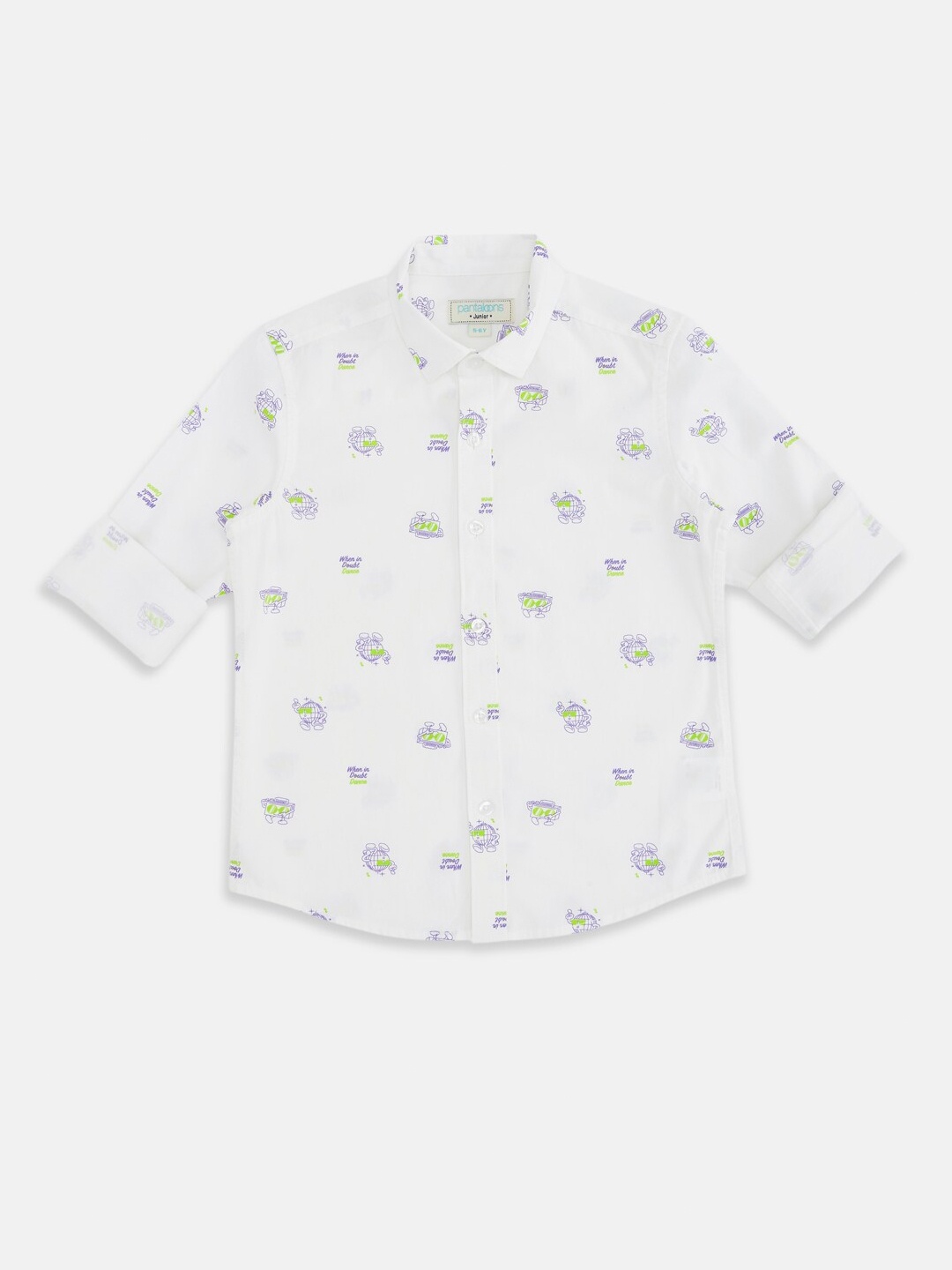 

Pantaloons Junior Boys White Printed Cotton Casual Shirt