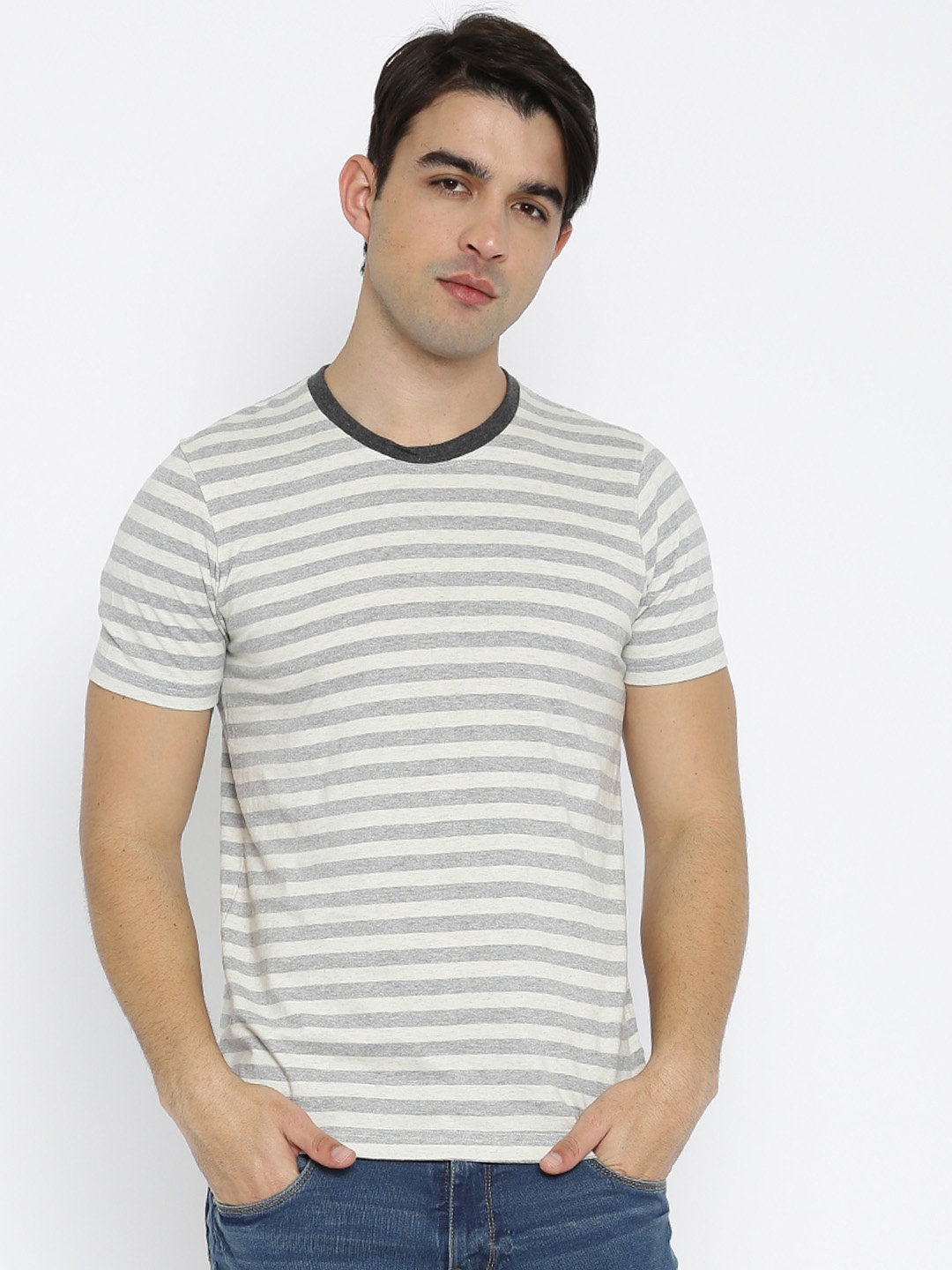 

American Crew Men Grey Melange Off-White Striped Round Neck Pure Cotton T-shirt