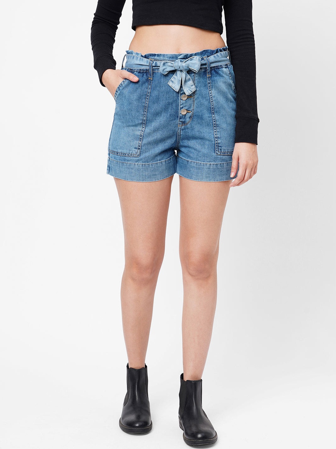

Kraus Jeans Women Blue Washed Slim Fit High-Rise 100% Cotton Denim Shorts