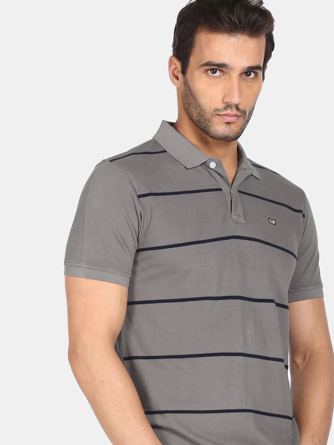 

Arrow Sport Men Grey Striped Polo Collar T-shirt