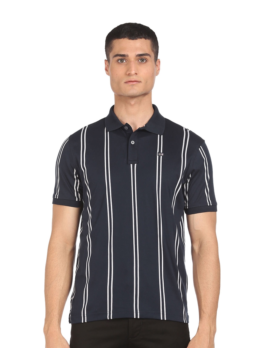 

Arrow Sport Men Blue Striped Polo Collar Cotton T-shirt