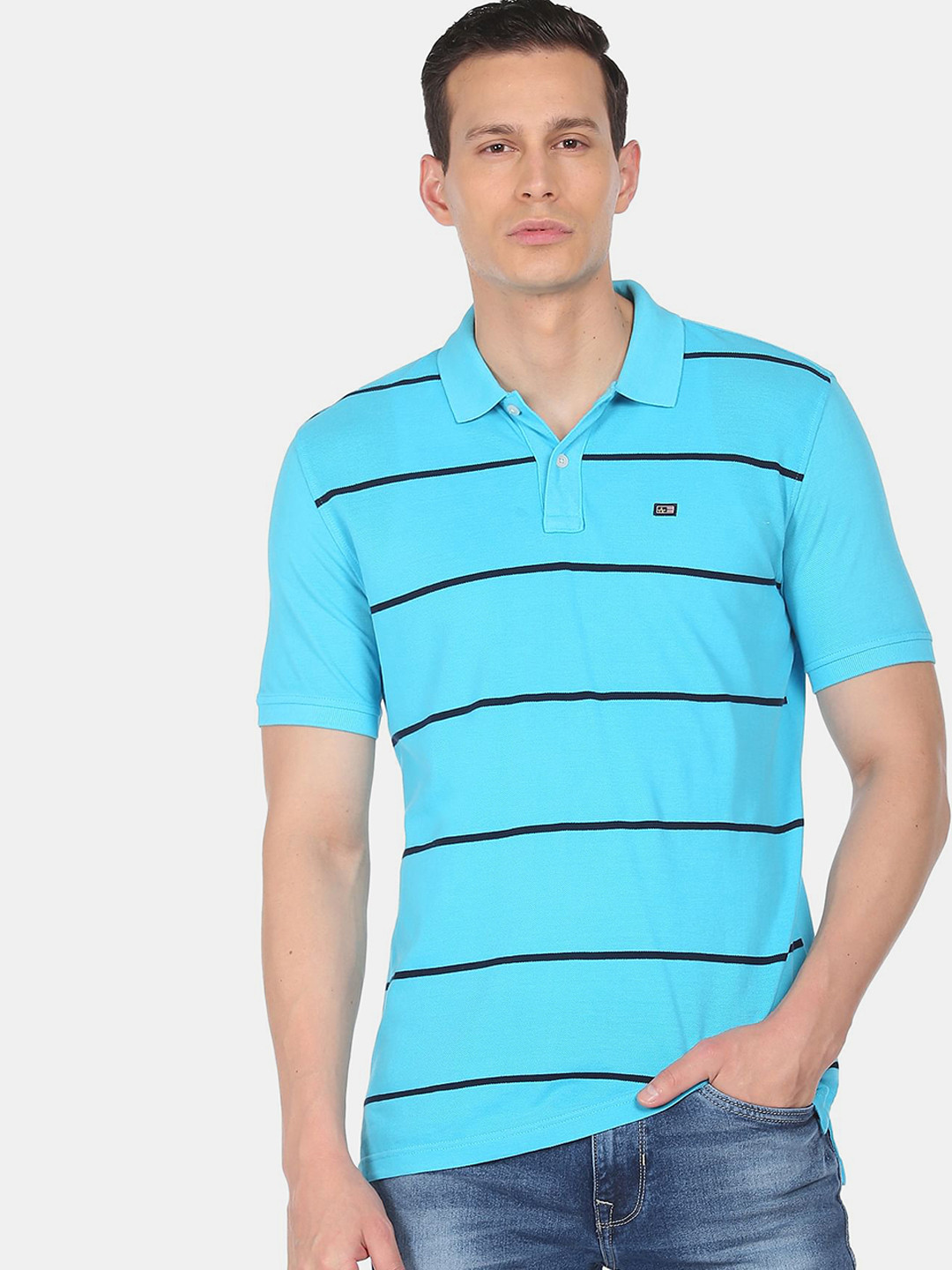 

Arrow Sport Men Blue Striped Polo Collar T-shirt